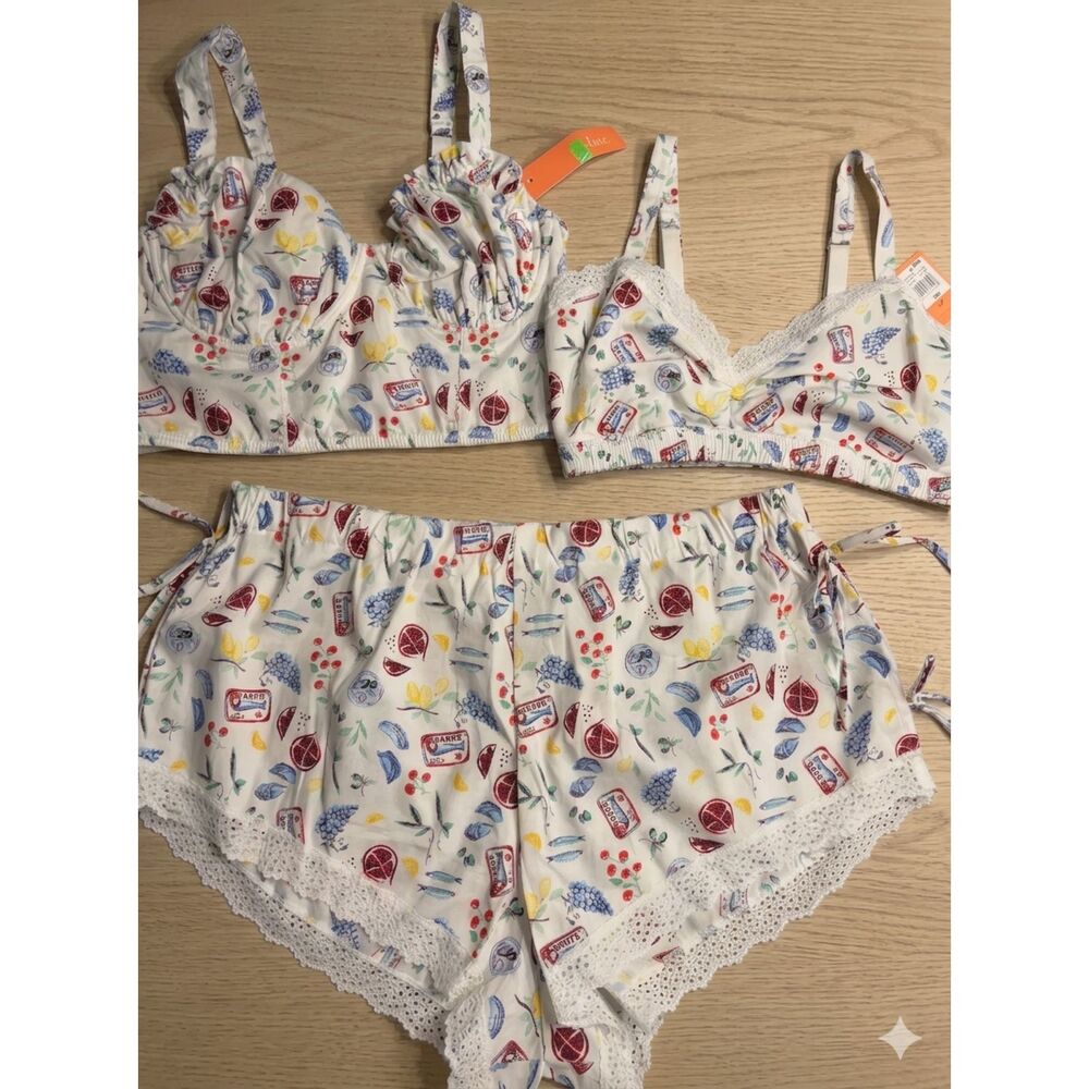 Closie 3 Pc Pajama Set XL NWT Shorts, Bra + Wired Bralette Lace Trim Sleepwear